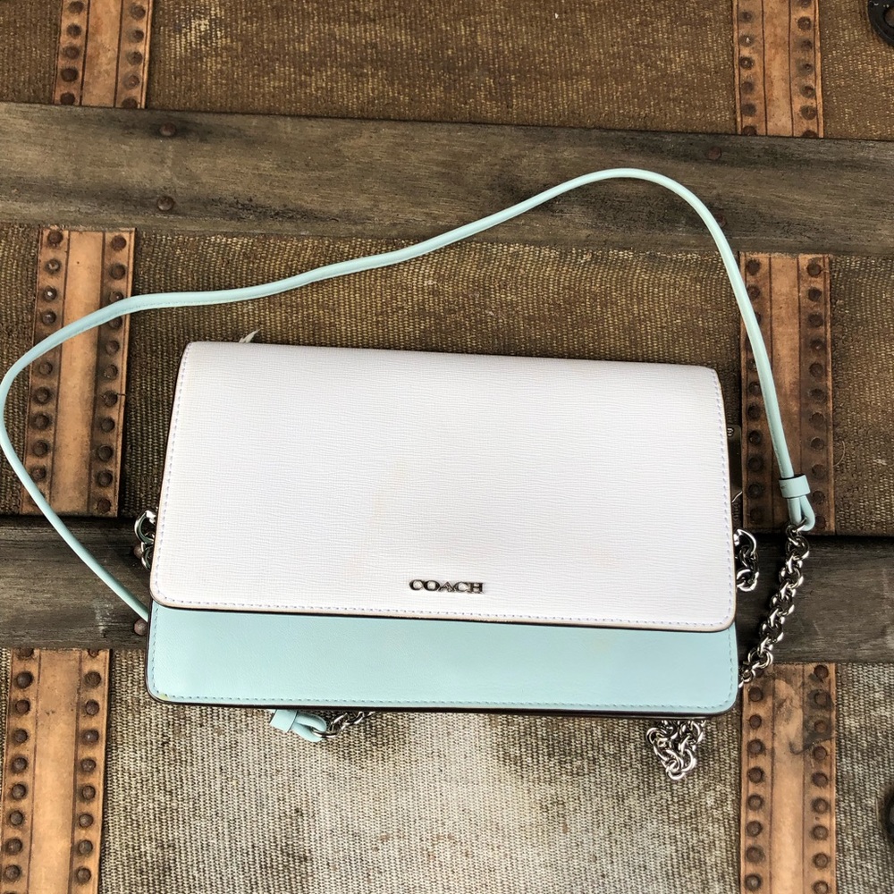 Coach Saffiano Colorblock Bag Aqua/White